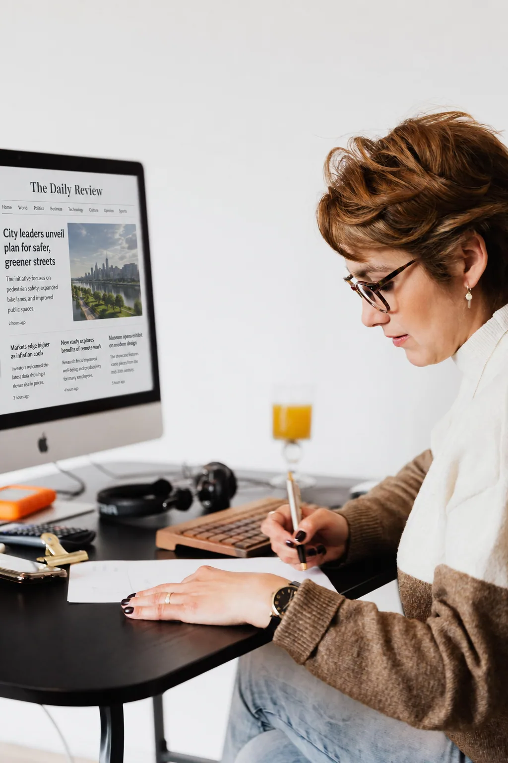 A researcher compares documents and notes at a computer
