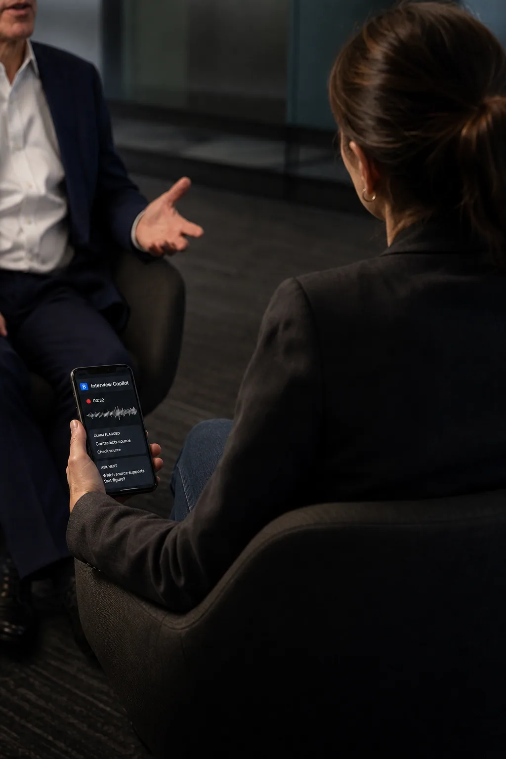 A fictional reporter using Interview Copilot discreetly during an interview