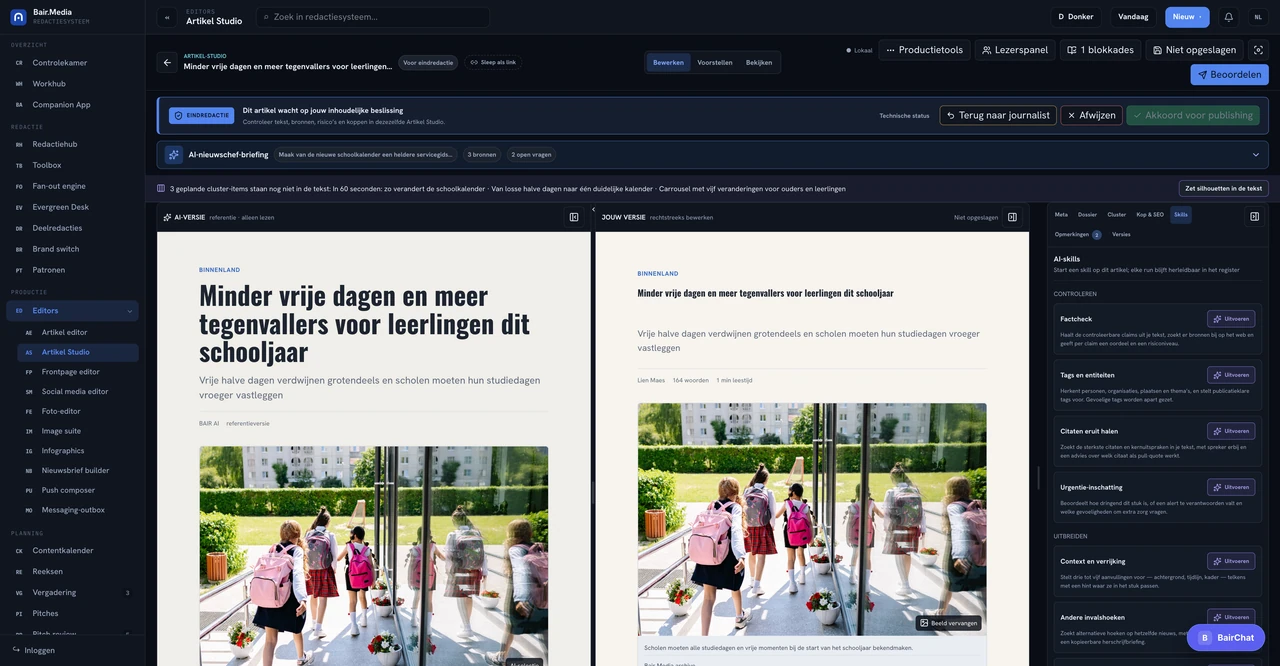 Redactionele tools Bair Media product interface