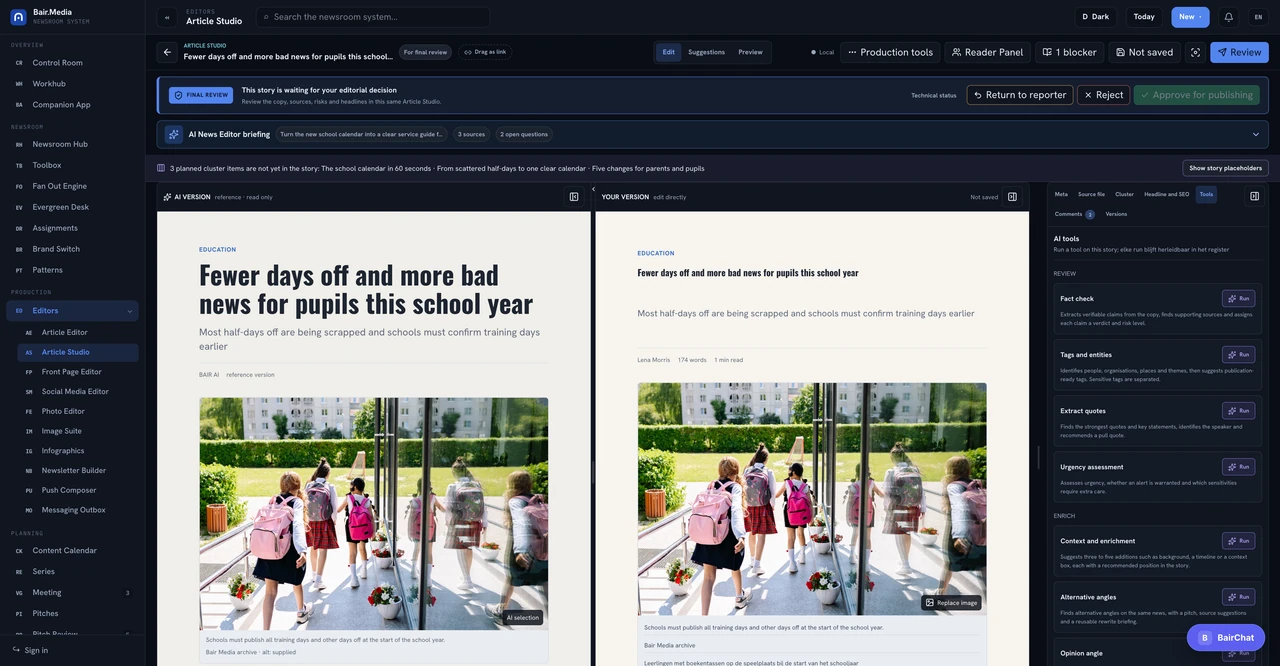 Editorial Tools Bair Media product interface