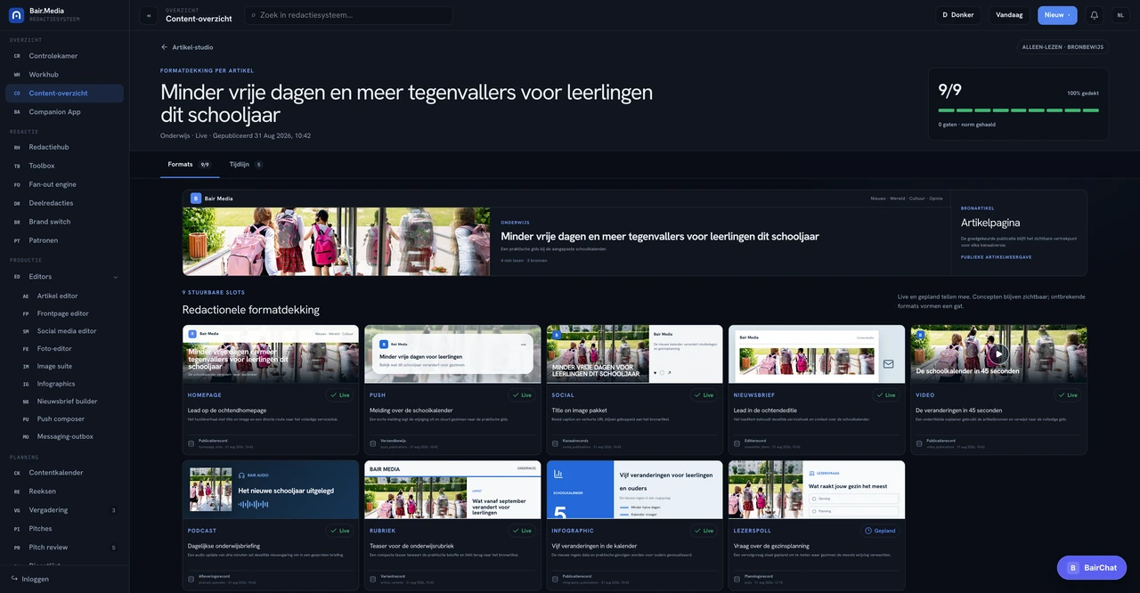 Content overzicht Bair Media product interface