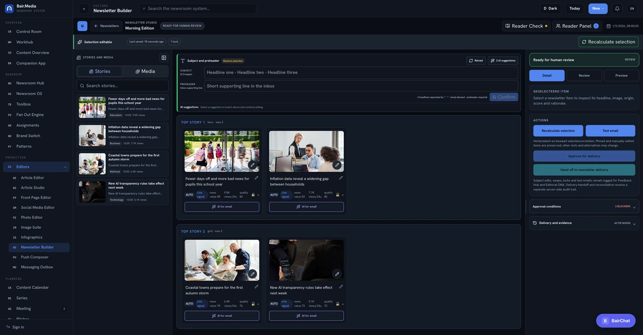 Newsletter Builder Bair Media product interface