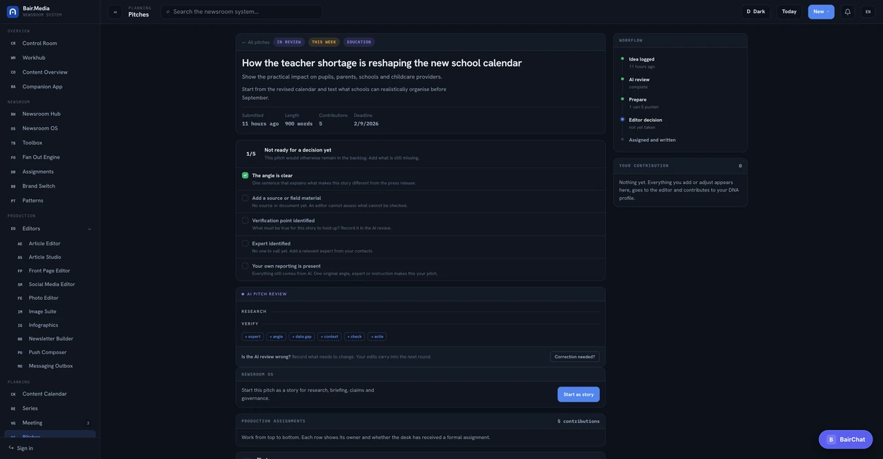 Pitch Flow Bair Media product interface