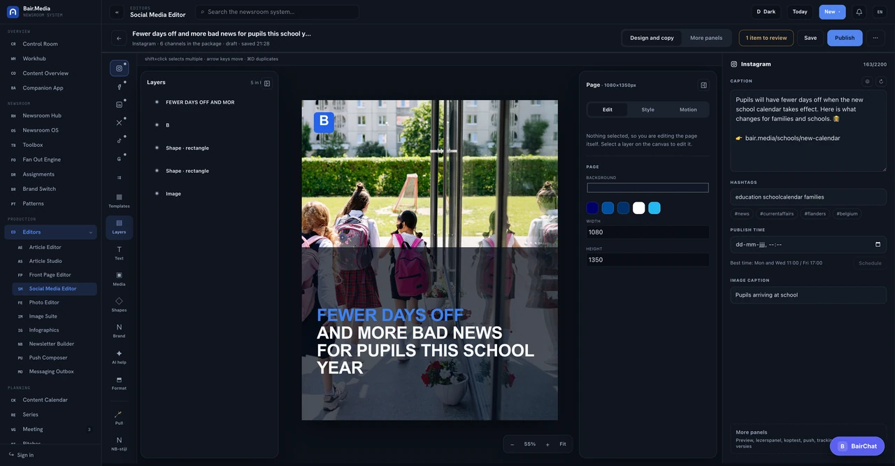 Social Media Editor Bair Media product interface